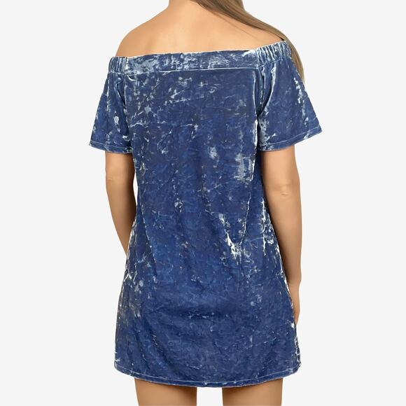 Forever 21 Velvet Mini Dress Size M Blue Off Shoulder Glam Retro Party Cocktail - Picture 2 of 11